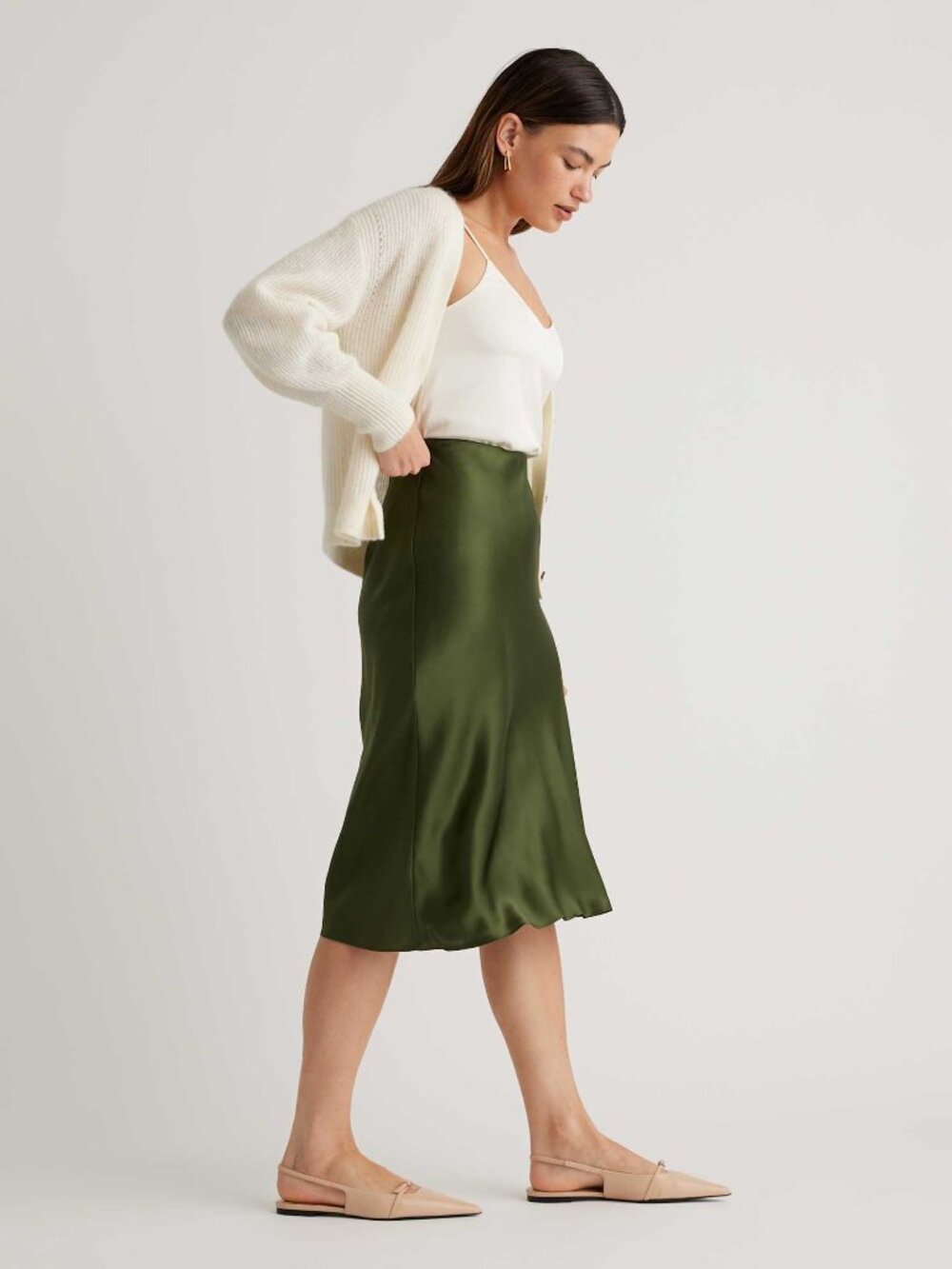 Quince 100% Washable Silk Midi Skirt Green XS Bias Cut Satin